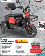 APEC APM2 ÜÇ TEKERLEKLİ ELEKTRİKLİ MOPED MOTOSİKLET fiyat ve kampanya bilgisi